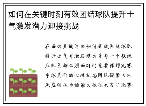 如何在关键时刻有效团结球队提升士气激发潜力迎接挑战