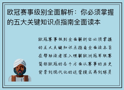 欧冠赛事级别全面解析：你必须掌握的五大关键知识点指南全面读本